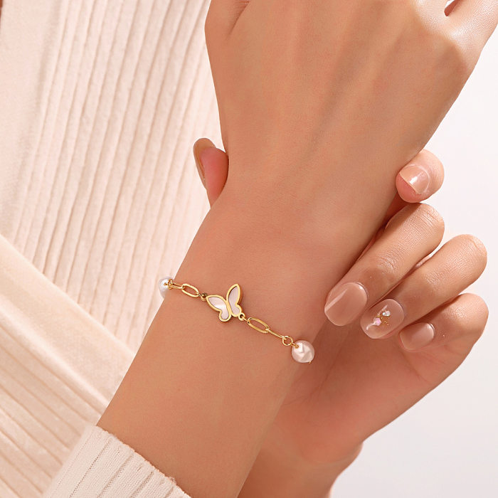 IG Style Star Moon Butterfly Stainless Steel Plating Inlay Artificial Pearls Shell Bracelets