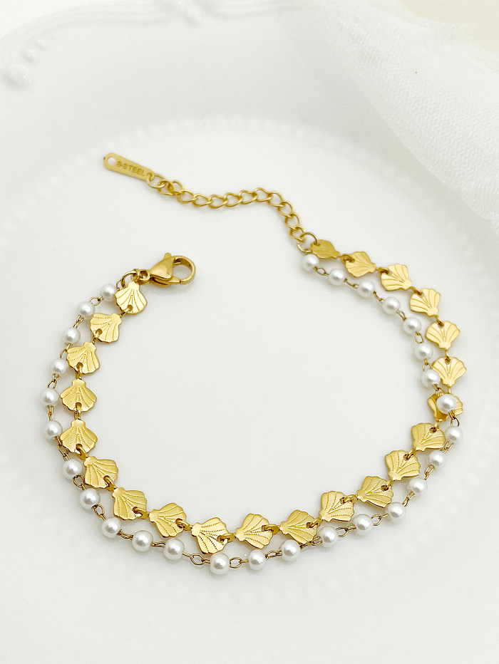 Elegante folha de ginkgo aço inoxidável pérola artificial frisada pulseiras banhadas a ouro