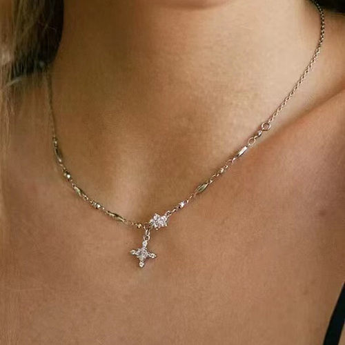 Fashion Cross Flower Stainless Steel Plating Rhinestone Necklace