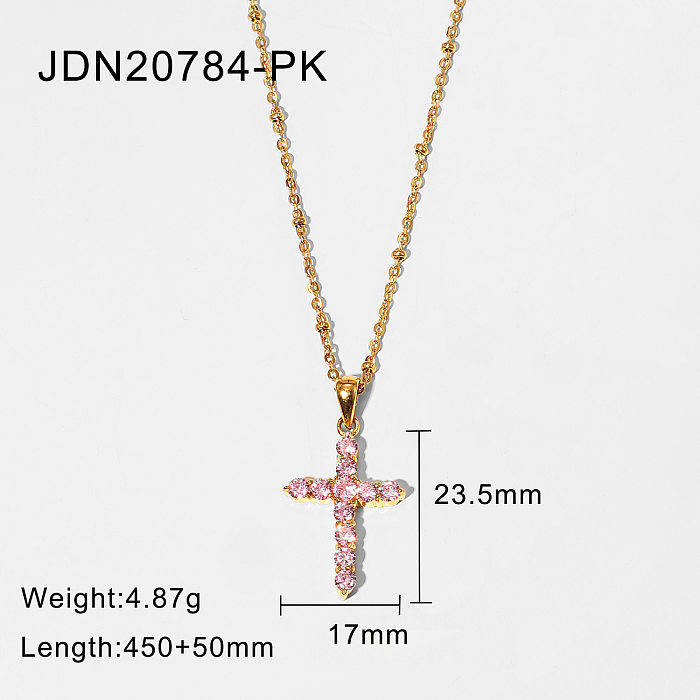 Simple 18K Gold-plated Stainless Steel  Pink Zircon Cross Pendant Necklace