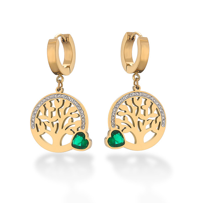 1 Pair Simple Style Commute Bc1035 Lucky Tree Plating Inlay Stainless Steel Zircon 18K Gold Plated Drop Earrings