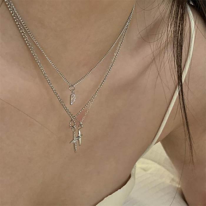 Elegant Simple Style Cross Stainless Steel Inlay Zircon Three Layer Necklace