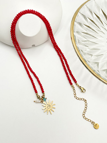 Chinoiserie Retro Sun Stainless Steel  Artificial Crystal Beaded Plating Gold Plated Pendant Necklace