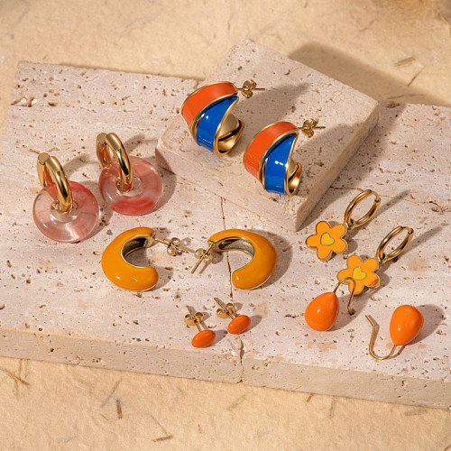 Boucles d'oreilles en acier inoxydable plaqué or 1 carats, 18 paire, Double anneau de Style français Simple, fleur ovale plaquée émail