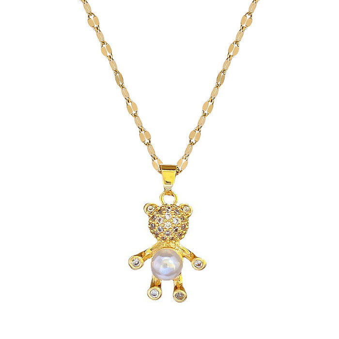 Fashion Bear Stainless Steel Copper Inlay Artificial Pearls Zircon Pendant Necklace