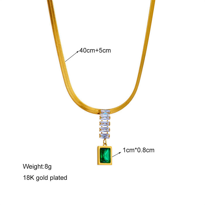Halskette mit Anhänger im modernen Stil, rechteckig, Edelstahl-Beschichtung, Intarsien, künstliche Strasssteine, 18 Karat vergoldet