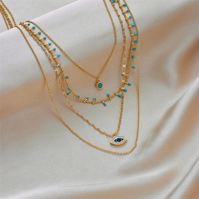Retro Modern Style Eye Stainless Steel Plating Hollow Out Inlay Turquoise Zircon 18K Gold Plated Layered Necklaces
