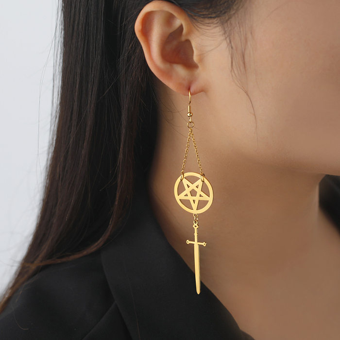 1 paire de boucles d'oreilles en acier inoxydable, Style Simple, croix étoile, placage de couleur unie, ajouré