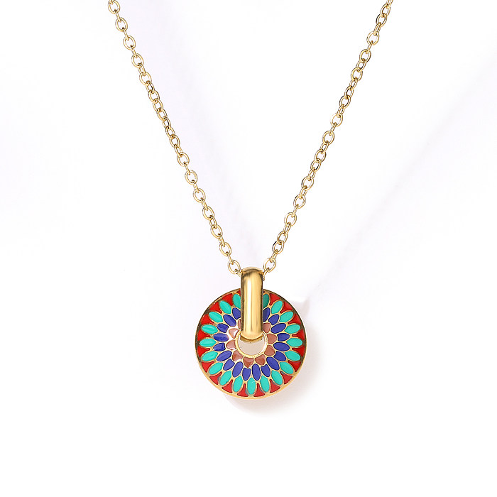 Retro Geometric Round Stainless Steel Enamel Plating 18K Gold Plated Pendant Necklace