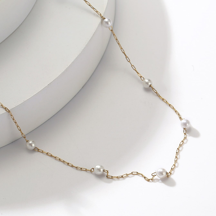 Collier de perles incrusté de placage en acier inoxydable de couleur unie à la mode, 1 pièce