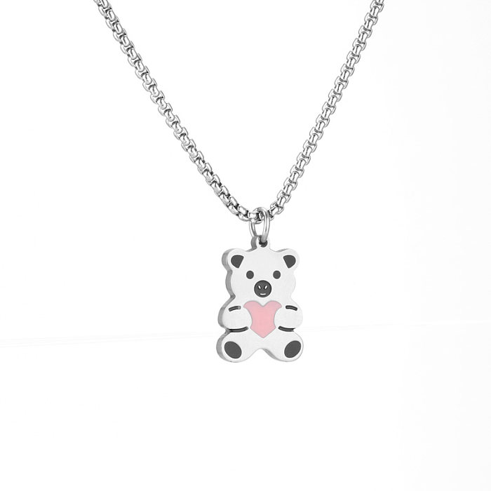 Cute Simple Style Little Bear Heart Shape Stainless Steel  Enamel Plating White Gold Plated Platinum Plated Pendant Necklace