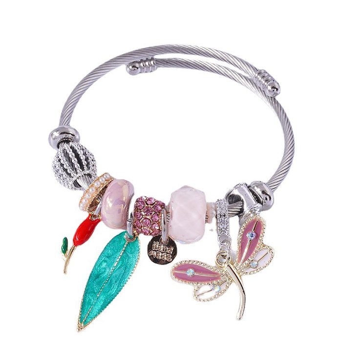 Simple Style Feather Stainless Steel Artificial Pearl Patchwork Inlay Rhinestones Bangle