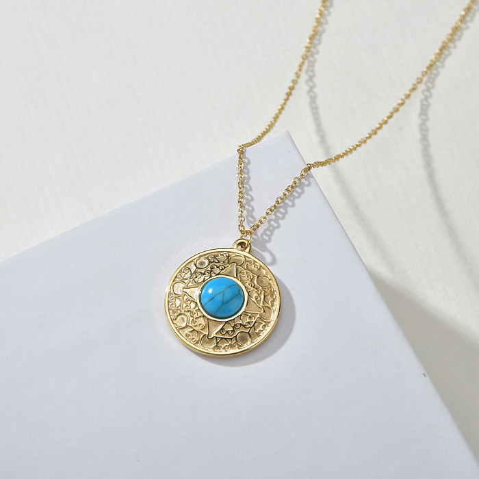 Retro Round Stainless Steel  Inlay Turquoise Pendant Necklace