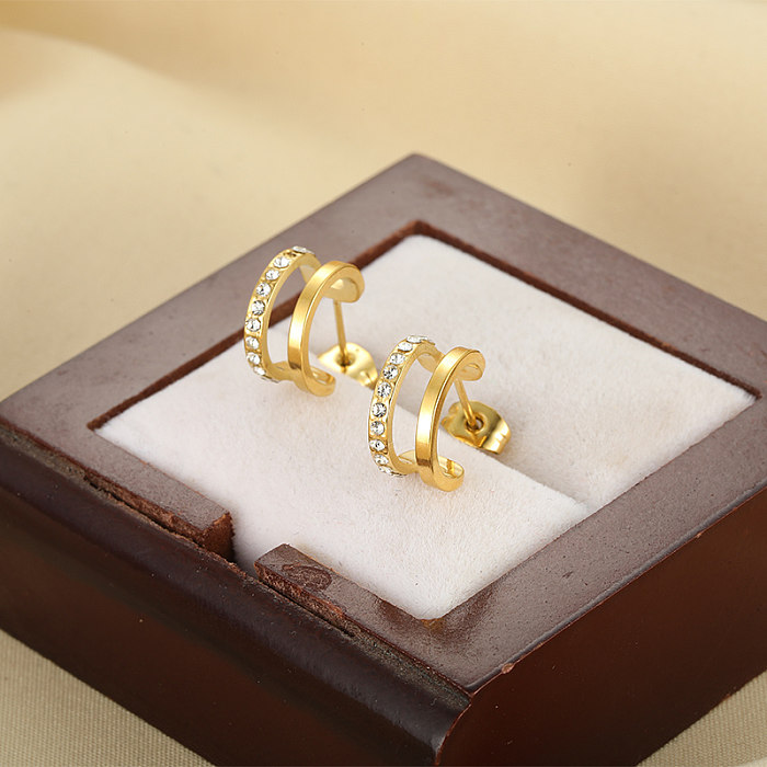 1 Pair IG Style Geometric Plating Inlay Stainless Steel  Zircon 18K Gold Plated Ear Studs