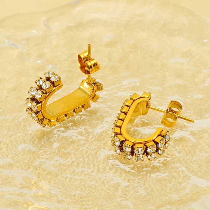 1 par de brincos elegantes femininos em formato de C, incrustações de aço inoxidável com zircão banhado a ouro 18K