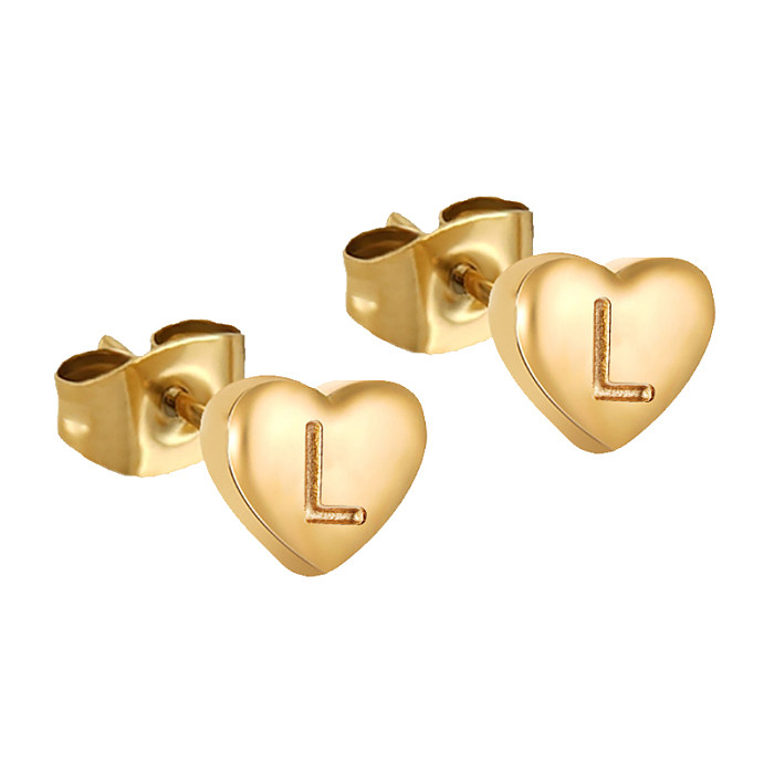 1 par de brincos de orelha banhados a ouro 18K, letras estilo simples, formato de coração, aço inoxidável