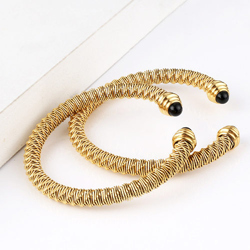 Hip-Hop Solid Color Stainless Steel Stripe Inlay Agate Twisted Cable Bracele