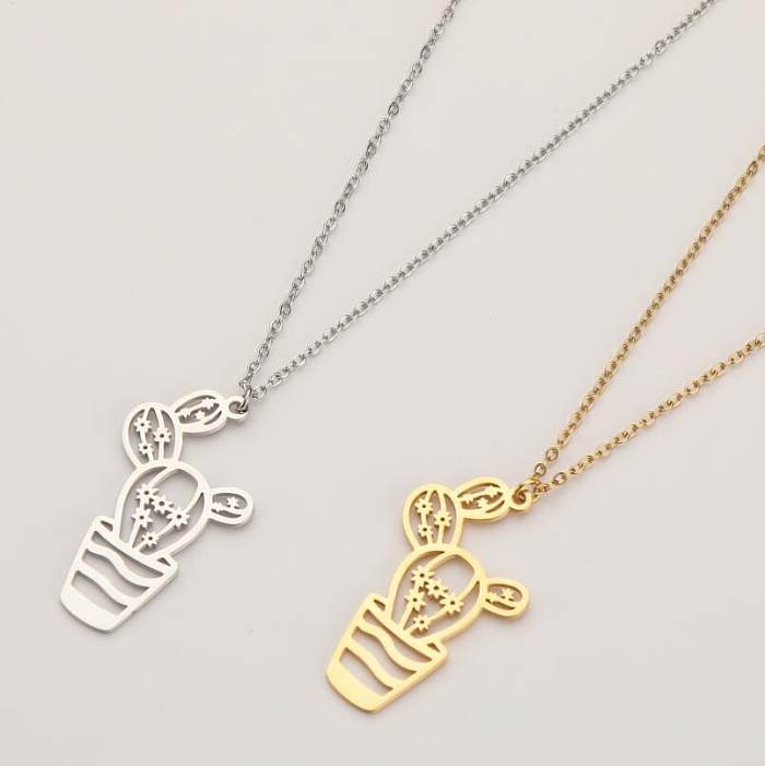 Wholesale Retro Cactus Stainless Steel  Stainless Steel Gold Plated Pendant Necklace
