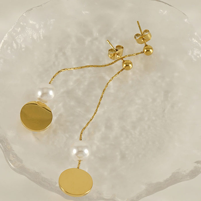 1 Paar elegante runde Edelstahl-Ohrringe mit künstlichen Perlen, 18 Karat vergoldet