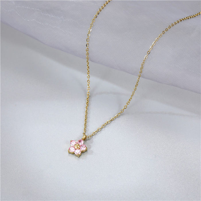 Großhandel Halskette mit Anhänger aus Edelstahl mit künstlichem Kristall und süßer Blume