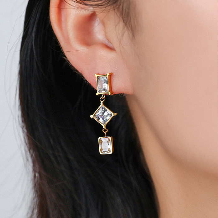 1 Piece Simple Style Square Plating Inlay Stainless Steel  Stainless Steel Zircon Gold Plated Drop Earrings