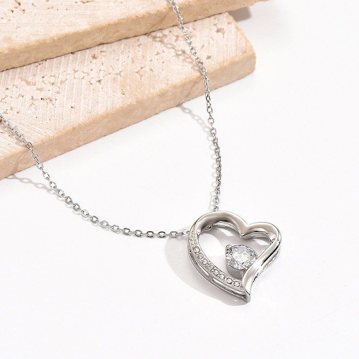 Elegant Luxurious Sweet Heart Shape Stainless Steel  Chain Hollow Out Inlay Zircon Pendant Necklace
