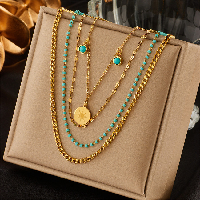 Runde Retro-Halsketten aus Edelstahl mit Perlen, vergoldetem Inlay und türkisfarbenen Lagen, 1 Stück