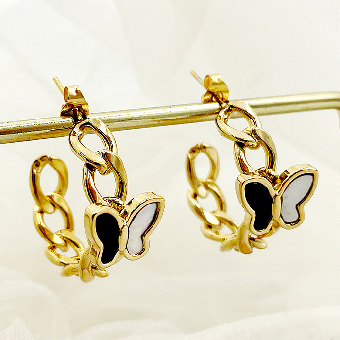 Boucles d'oreilles en acier inoxydable et Zircon plaqué or, 1 paire, Style moderne, Streetwear brillant en forme de C papillon, incrustation de placage en émail