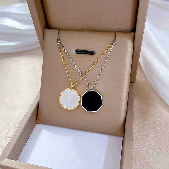Simple Style Classic Style Hexagon Stainless Steel Inlay Shell Pendant Necklace
