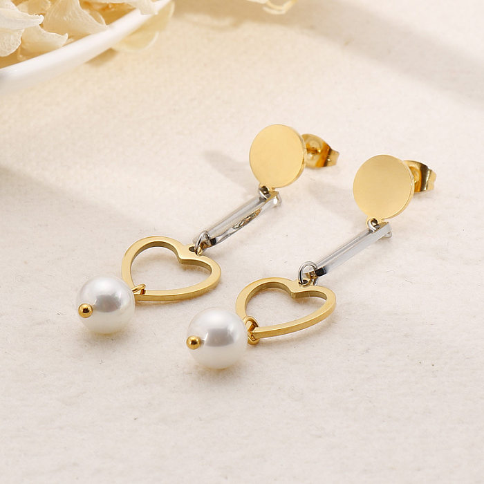 New Heart-shaped Pearl Long Earrings Creative Retro Simple Stainless Steel  Jewelry Wholesale