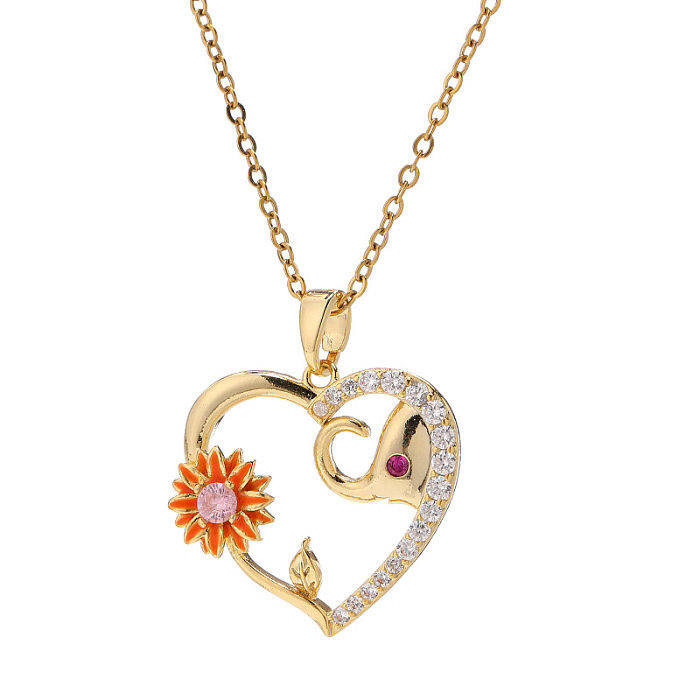 Modern Style Heart Shape Elephant Stainless Steel Inlay Artificial Diamond Pendant Necklace
