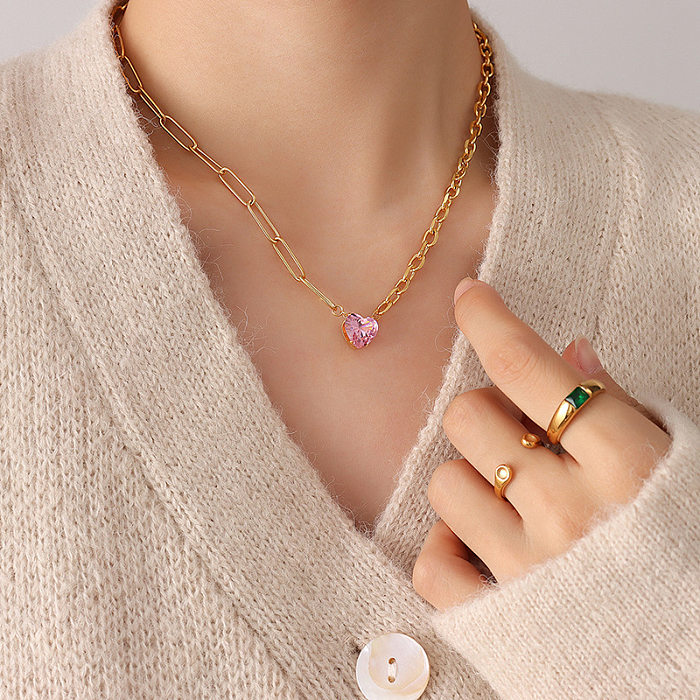 Korean New Trendy Pink Zircon Inlaid Heart Pendant Stainless Steel Necklace
