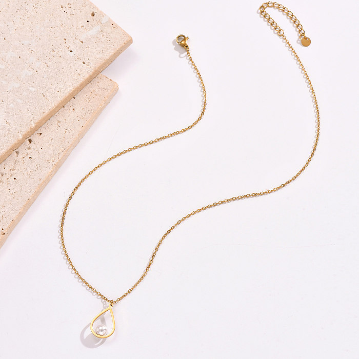 Elegant Simple Style Water Droplets Stainless Steel  Plating Inlay Artificial Pearls 14K Gold Plated Pendant Necklace