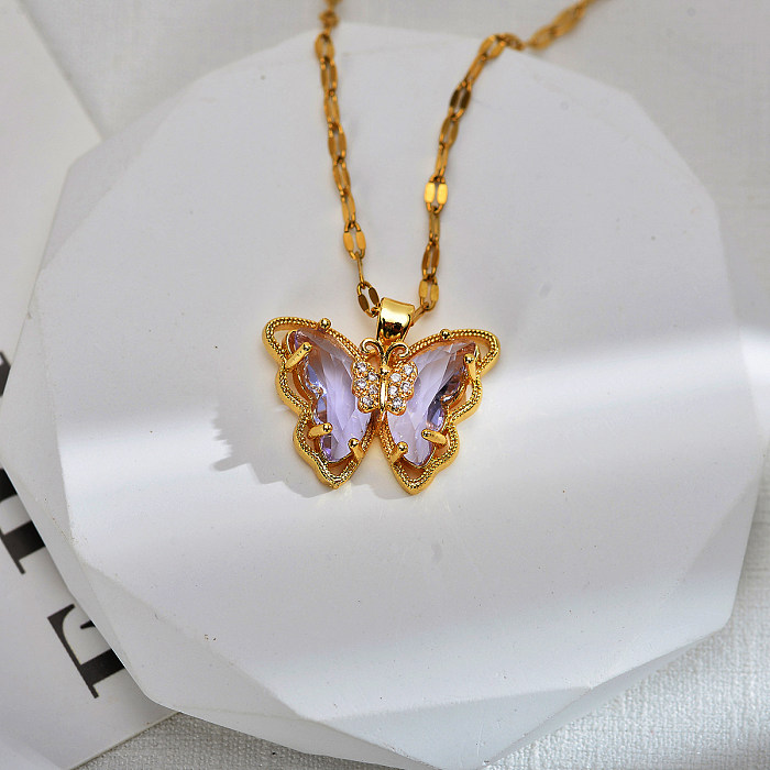 Collier pendentif papillon doux en acier inoxydable et cuivre avec incrustation de Zircon