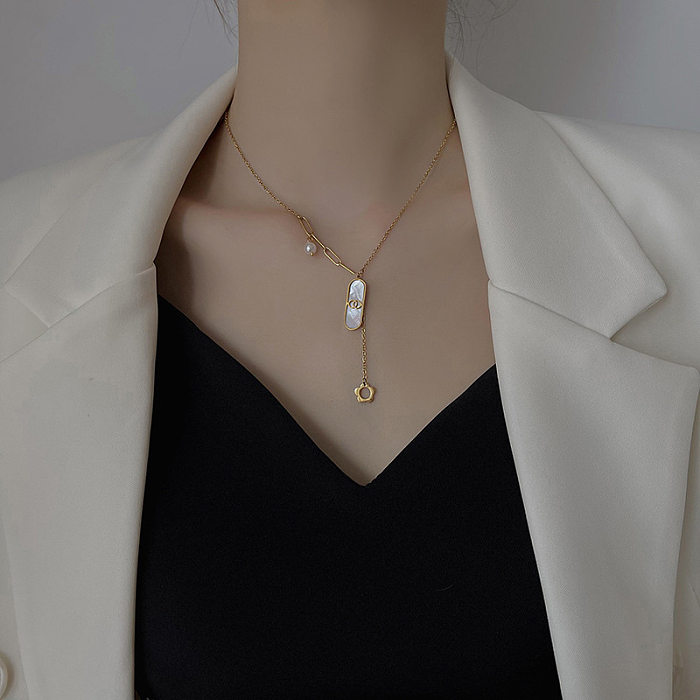 Collier pendentif rectangulaire en acier inoxydable, Style IG, fleur douce, placage de perles, incrustation, coquille, plaqué or 18 carats