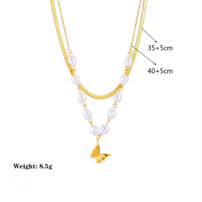 Damen-Schmetterlings-Imitationsperlen-Edelstahl-Perlenüberzug, mehrschichtige Halsketten