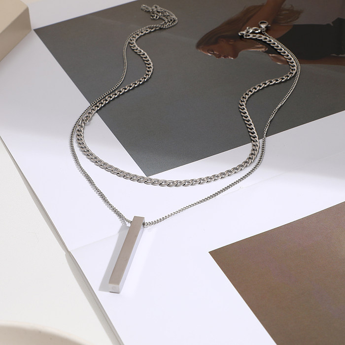 Elegante, schlichte Streetwear-Rechteck-Edelstahl-Doppelschicht-Halsketten
