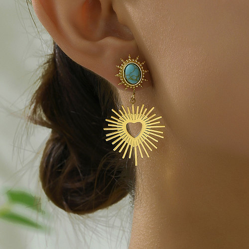 1 par de pendientes colgantes chapados en oro de 18K turquesa de acero inoxidable con forma de corazón y sol para viajes de vacaciones de estilo nórdico