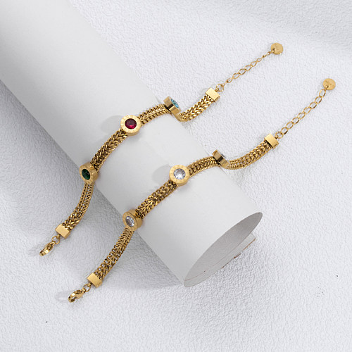 Simple Style Round Stainless Steel Plating Inlay Zircon 18K Gold Plated Bracelets