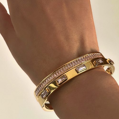 INS Style Elegant Triangle Round Square Stainless Steel Plating Inlay Zircon 18K Gold Plated Bangle