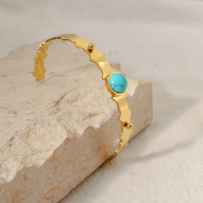 Fashion Round Titanium Steel Inlay Turquoise Bangle