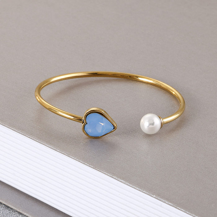 Korean Jewelry Golden Pearl Heart Glass Stone Opening Titanium Steel Bracelet Wholesale