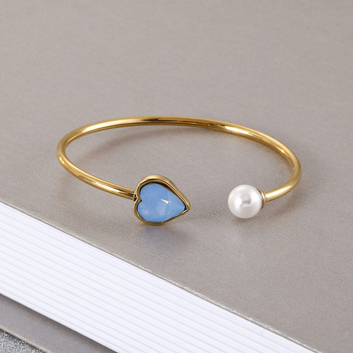 Bijoux coréens, perle dorée, cœur, pierre de verre, ouverture, Bracelet en acier titane, vente en gros