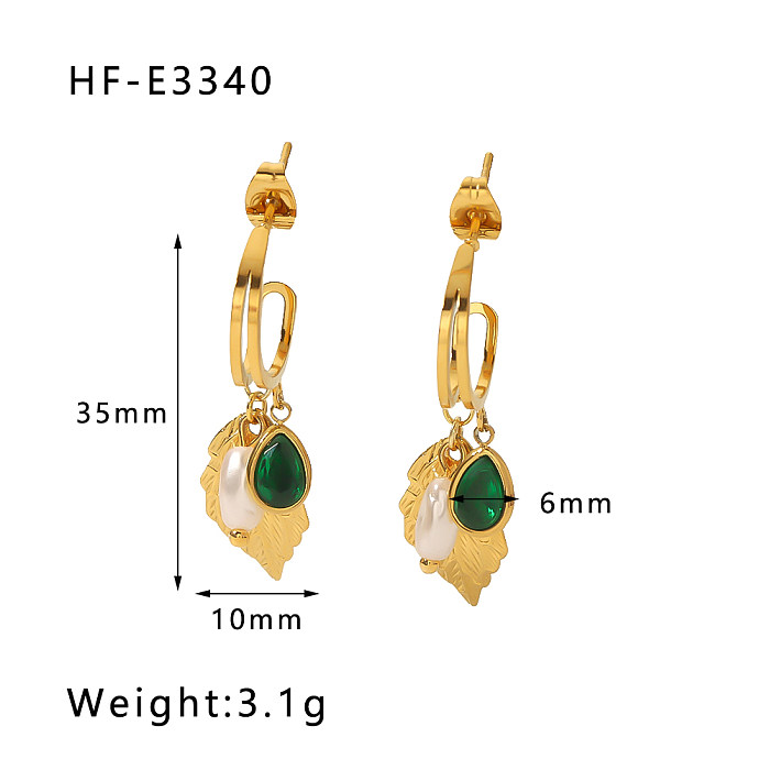 1 Pair Vintage Style Vacation Simple Style Leaves Polishing Plating Inlay Stainless Steel  Zircon 18K Gold Plated Drop Earrings