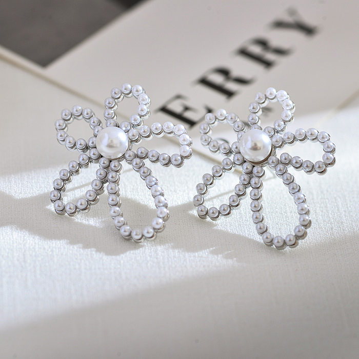 1 Pair Lady Korean Style Flower Inlay Stainless Steel  Pearl Ear Studs