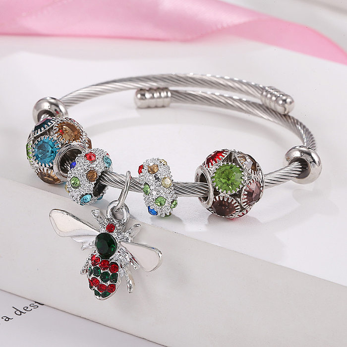 Classic Style Round Bee Stainless Steel Alloy Copper Inlay Artificial Gemstones Bangle
