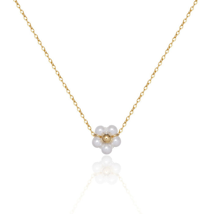 Collier pendentif en perles artificielles, Style Simple et doux, incrustation de fleurs en acier inoxydable