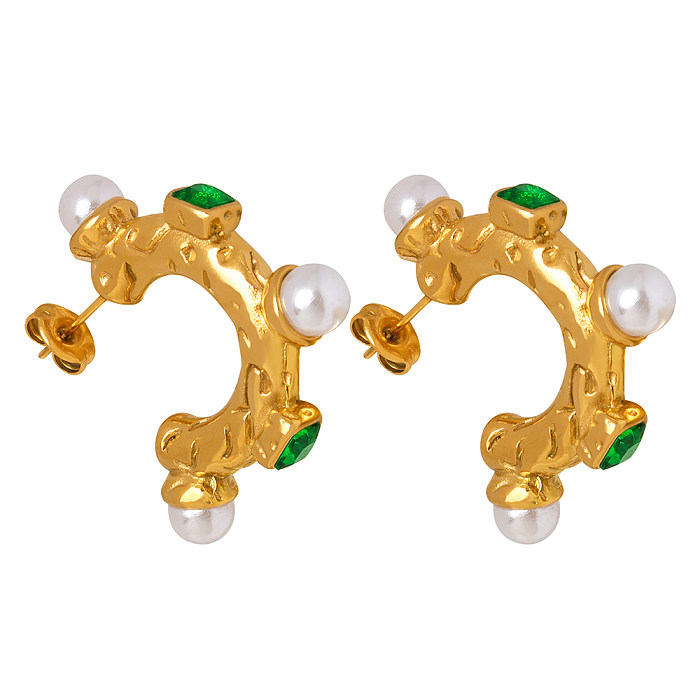 1 Pair Retro Baroque Style C Shape Plating Inlay Stainless Steel Artificial Pearls Glass Stone 18K Gold Plated Ear Studs