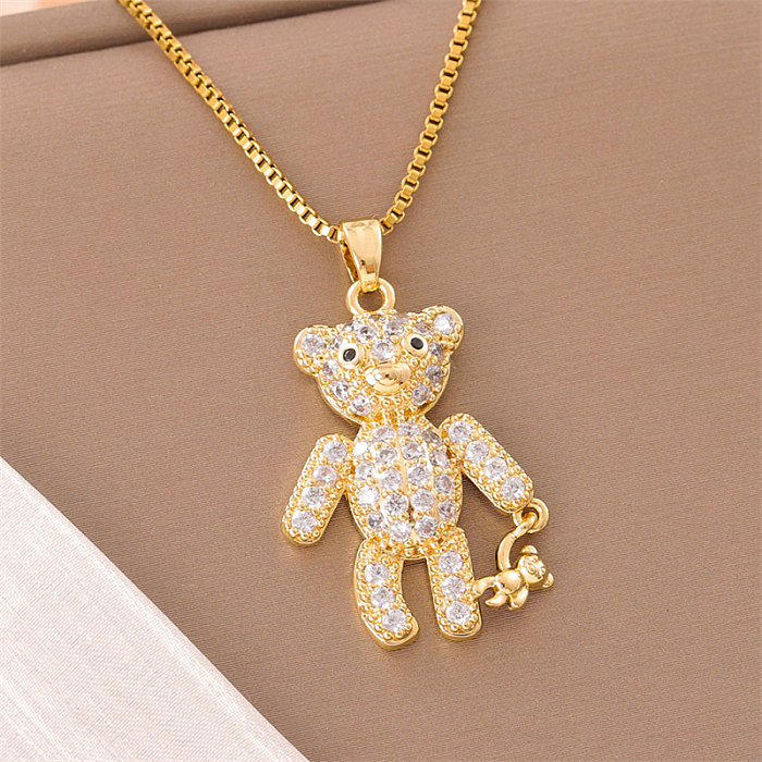 Sweet Cross Little Bear Flower Stainless Steel  18K Gold Plated Artificial Diamond Pendant Necklace In Bulk
