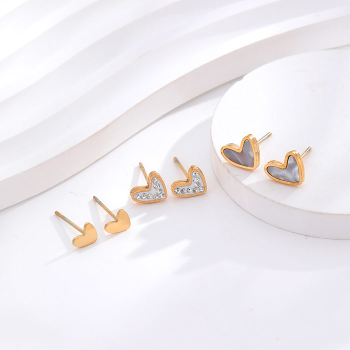 3 paires de clous d'oreilles ronds en forme de cœur, Style Simple, incrustation en acier inoxydable, coquille en Zircon plaqué or 24 carats
